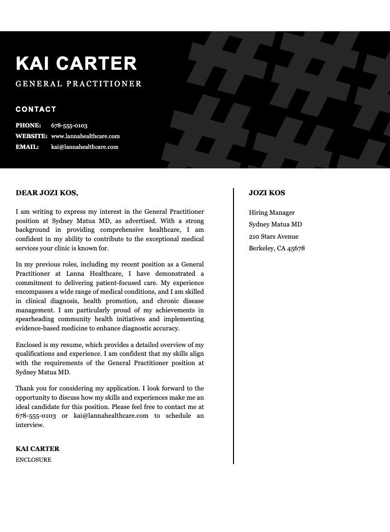 Graphic header professional cover letter - Modern professional cover letter template with bold header, contact section, and clean two-column layout for job applications